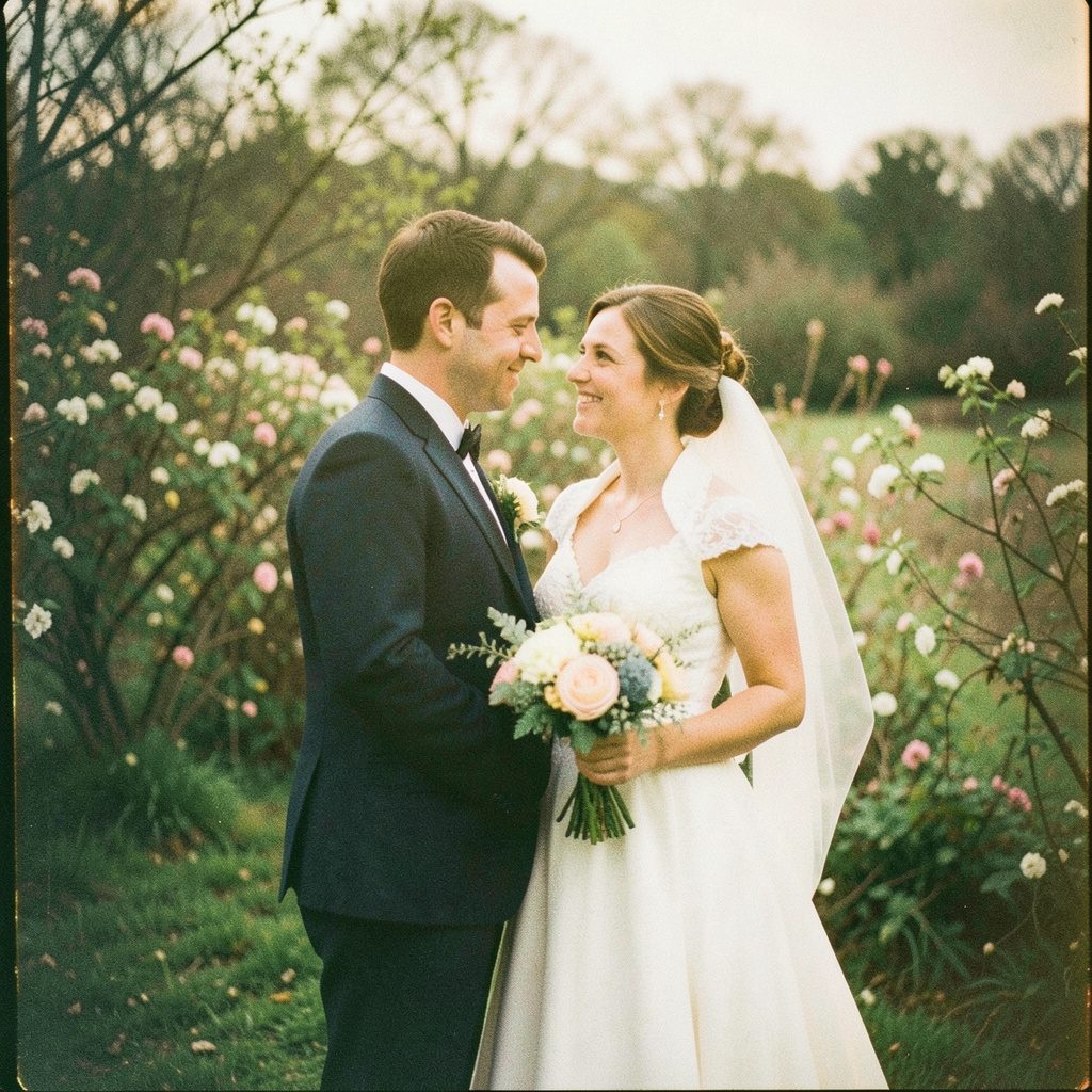 A grainy film photograph of an Irish countryside wedding in spring, wildflowers along a stone wall, soft grey-green hills, and pastel bunting fluttering in a breeze