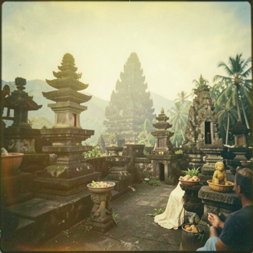 A grainy film photograph of Balinese temple offerings on a palm-lined street, vibrant marigold petals, woven palm-leaf trays, and soft golden morning light