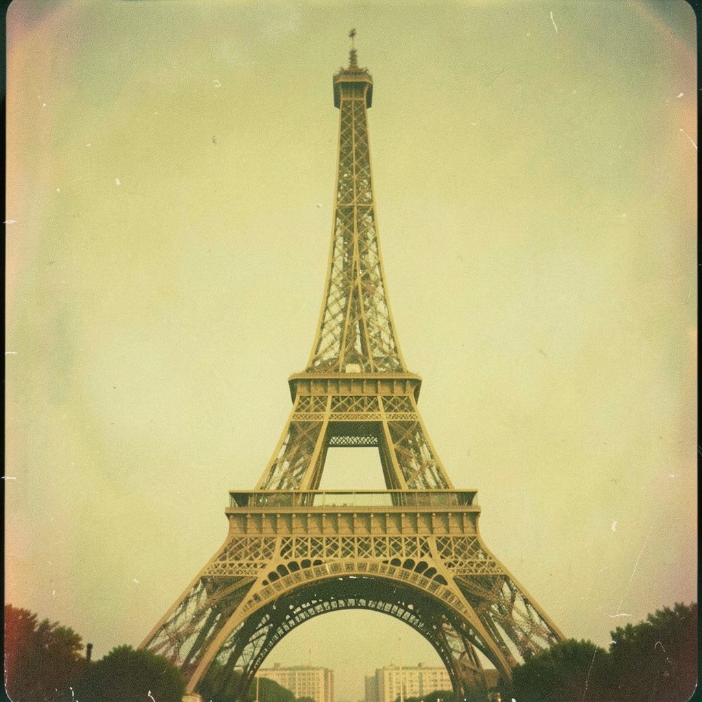A grainy film photograph of the Eiffel Tower seen from a leafy Parisian avenue, hazy summer sky in pale blue, wrought-iron lampposts, and dappled shade on the pavement