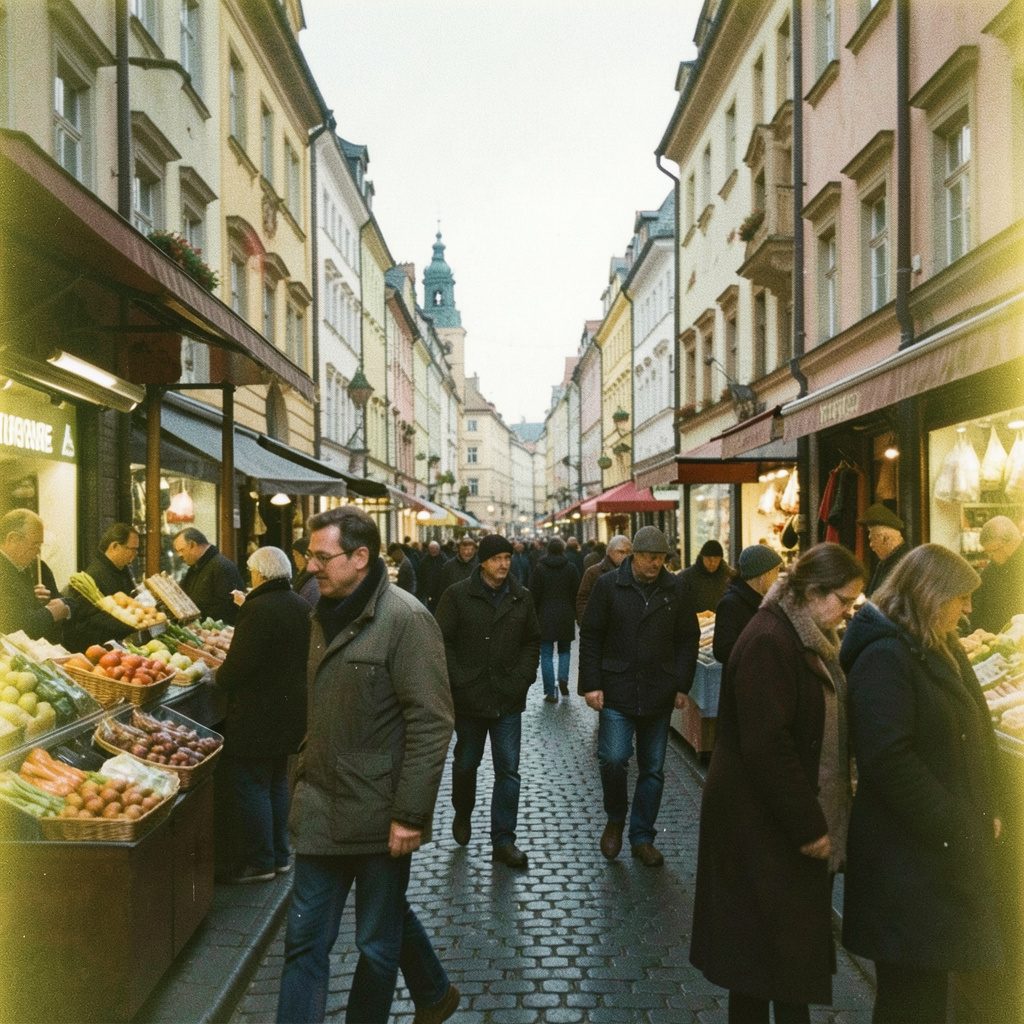 A grainy film photograph of a European Christmas market at twilight, wooden stalls glowing with warm fairy lights, red-and-white striped awnings, and shoppers in wool coats