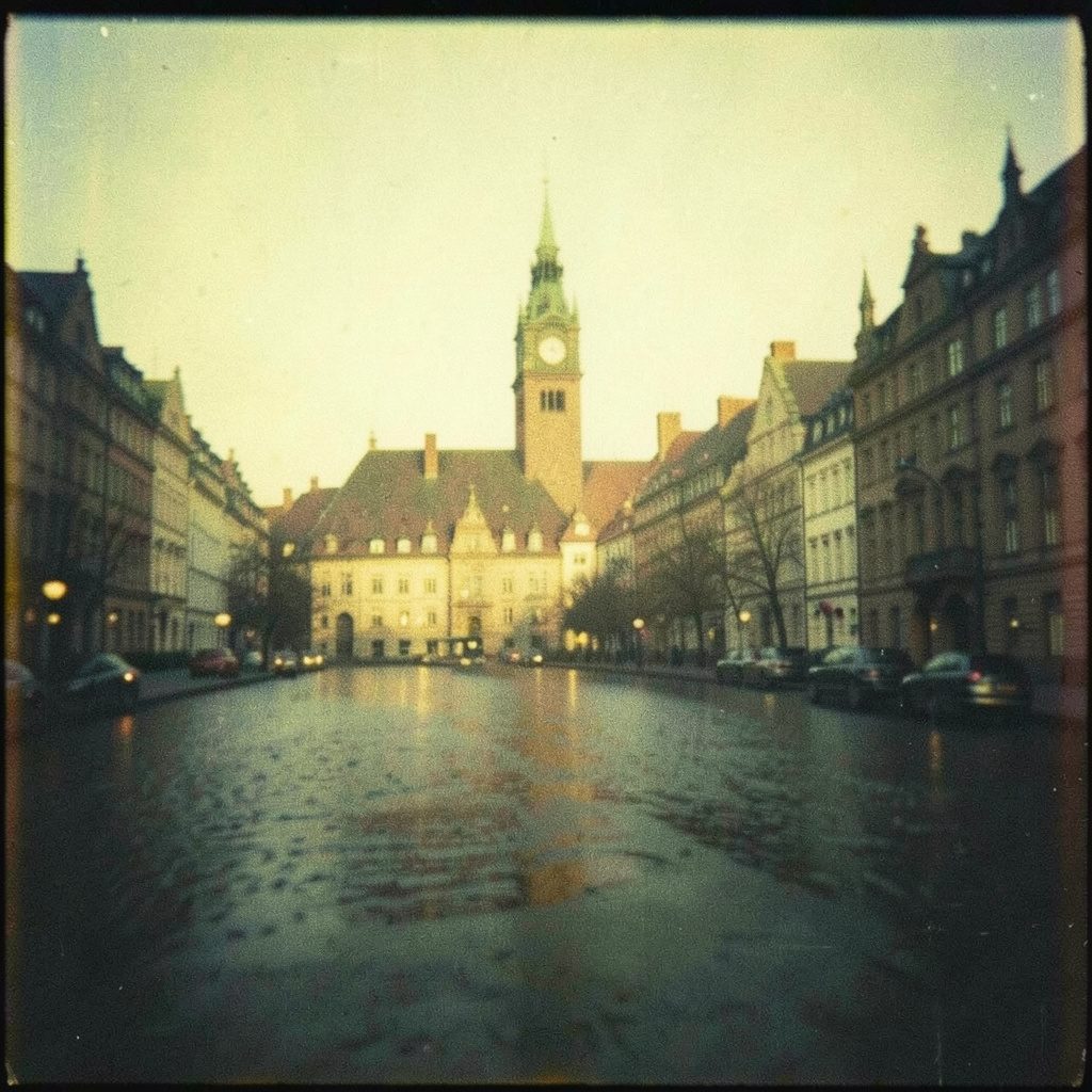A grainy film photograph of Stockholm's old town Gamla Stan at dusk, warm amber streetlights reflecting off cobblestones, deep navy sky, and ochre building facades